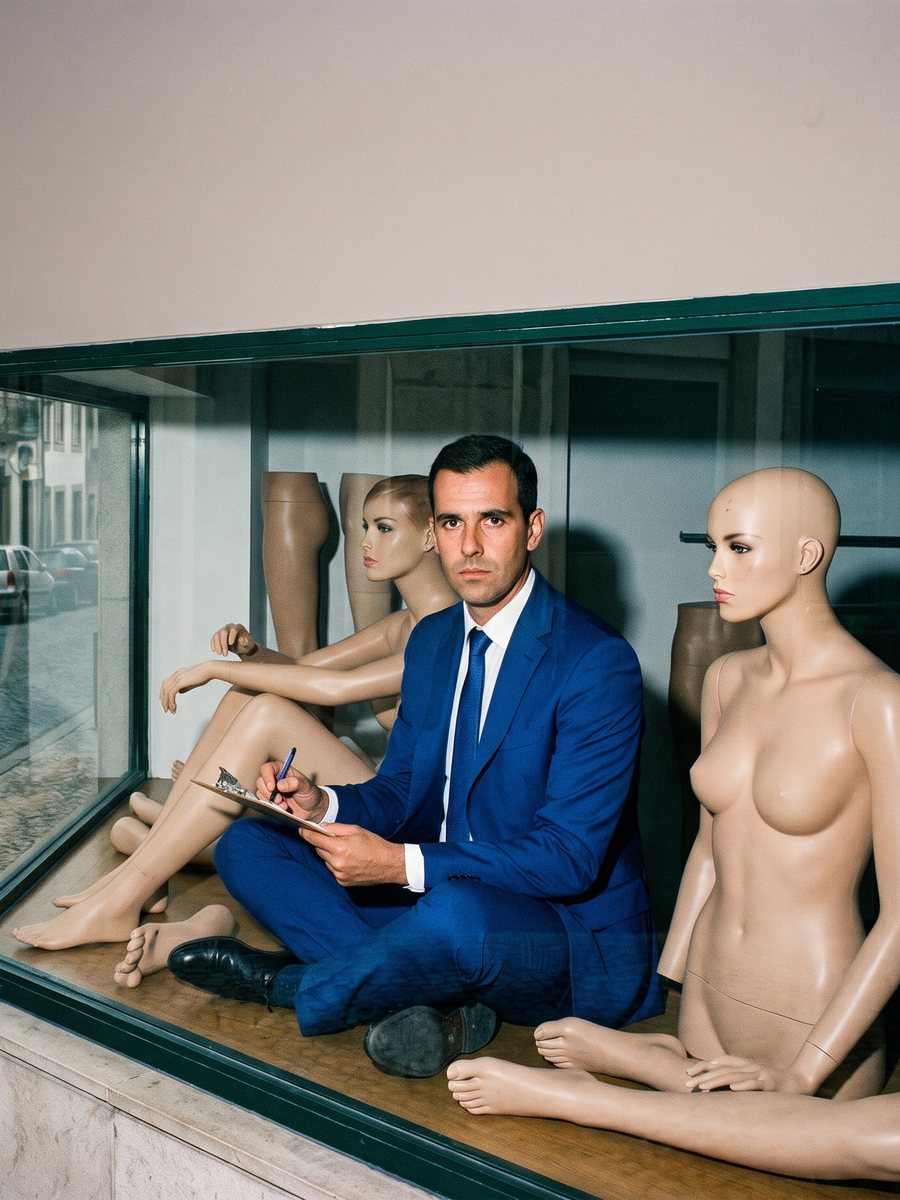 Homem de fato azul sentado numa montra entre manequins, a decidir com uma prancheta