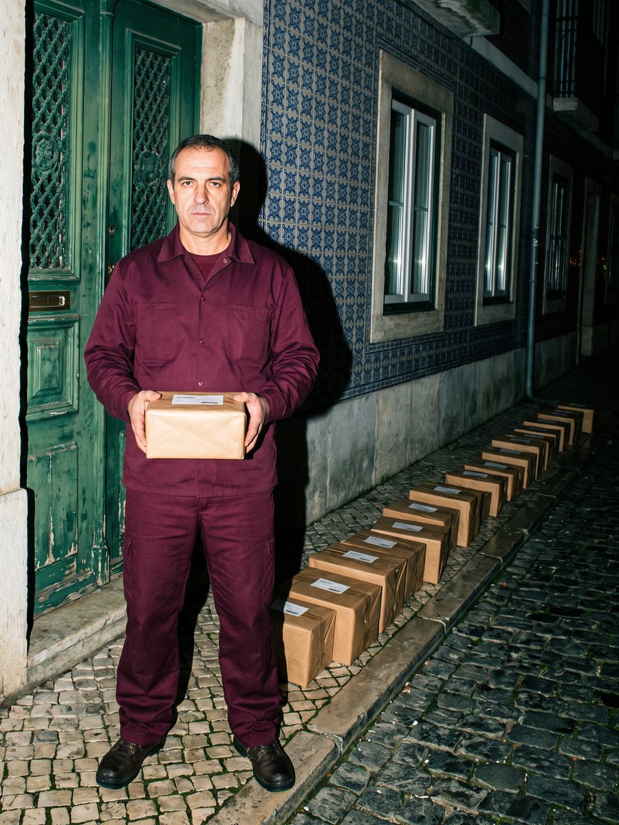Estafeta de farda bordô segura uma encomenda à porta de uma casa de azulejos