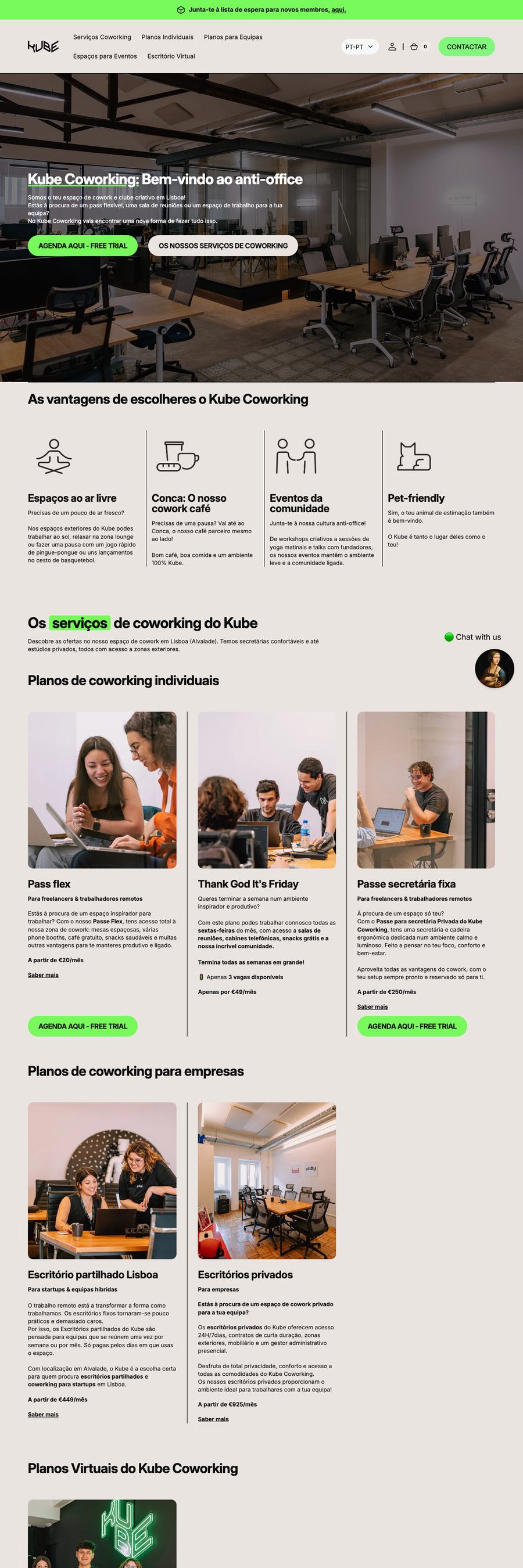 Página inicial da loja Kube Coworking